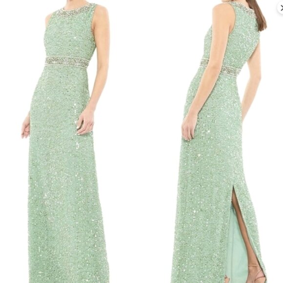 MAC DUGGAL 10839 SEQUINED SLEEVELESS EMBELLISHED NECKLINE MINT GOWN sz 14 - Picture 1 of 3